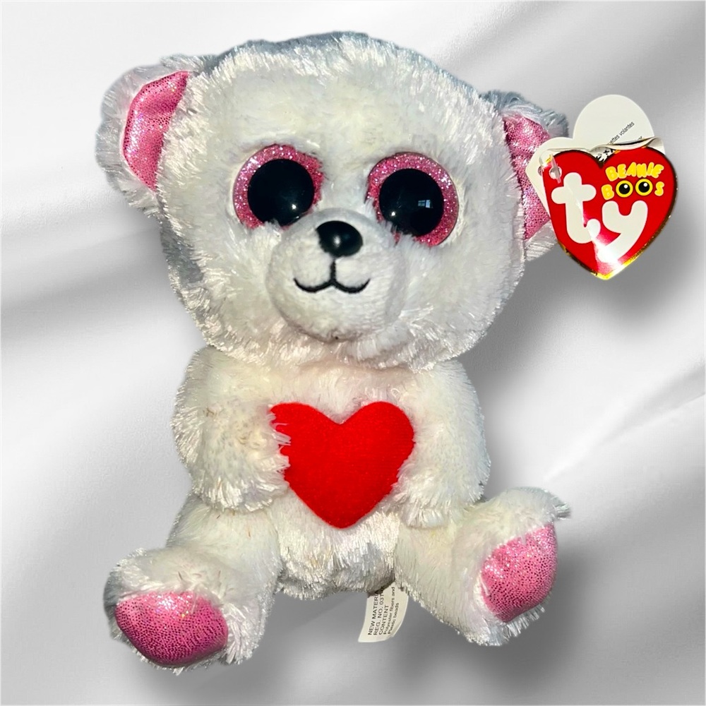 TY Beanie Boos - SWEETLY White Bear with Heart (Glitter Eyes) (Regular Size - 6